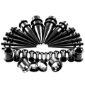 28-teiliges schwarzes Dehnungsset aus Edelstahl mit Dehnstäben und Tunnel-Plugs - Schwarz