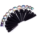 Black acrylic ear stretching kit with rainbow stainless steel tunnels from 10-20mm - Black Taper Set / Rainbow