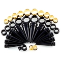 Ohr-Stretching-Kit mit schwarzen Acryl-Taper und Stahltunneln in Größen 10-20mm - Gold