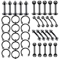 Detailed set of black stainless steel piercing jewelry including rings, studs and barbells - 1.2*6+3mm / Black