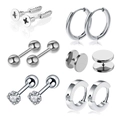 12Pcs stainless steel stud earring set featuring barbell and zircon styles for men and women - Stud And Hoop Combination Style / Steel