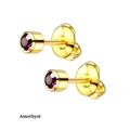 Détail de boucles d'oreilles dorées avec améthystes violettes rondes serties clos élégantes - Or Violet