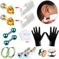 Professional ear piercing kit with disposable piercer, stainless steel studs and alcohol pads - Gold Piercer With Stones + Multicolor Studs