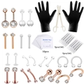 Kit de piercing complet avec bijoux or rose, aiguilles, gants et tampons d'alcool stériles - Set de 47 pièces / Or Rose/Zircone Blanc