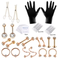 Kit de piercing 40 pièces en acier inoxydable rose doré avec aiguilles et bijoux - Ensemble de 40 Pièces / Style Strass Or Rose