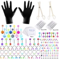 Piercing-set met gekleurde acryl sieraden, naalden, handschoenen en alcoholdoekjes - 124-Delige Set / 1.2*8+3