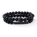 Matte obsidian and lava stone beaded bracelets with black crown and bar charm set - Crown And Zirconia Long Bar Style