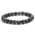 Bracelet en pierres naturelles de 8mm avec perles grises et cylindre en métal noir poli - Labradorite Noire