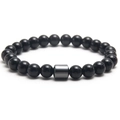 Obsidian beaded bracelet with metallic cylinder charm on stretch cord for unisex wear - Glossy Black