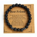Mattschwarzes Steinperlen-Armband mit Lavasteinen auf Best Friend Geschenkkarte verpackt - Einfarbig Schwarz Matt Stil (NO04-2)