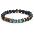 Beaded bracelet with black lava stone, tiger eye, and turquoise stones on white background - Frosted Yellow Tiger Eye Lava Stone Style (NP10-8)