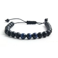 Bracelet fait main en œil de tigre et pierres noires mates avec cordon ajustable - Oeil de Tigre Bleu & Pierre Mate