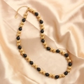 Hip hop style gold and black stainless steel bead necklace with heart charm on gold silk - Gold Black 8mm