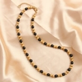 Stainless steel beaded necklace with black and gold spheres on champagne silk - Gold Black 6mm