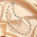 Minimalist stainless steel necklace featuring mixed pearls and silver beads on champagne silk - Silver White 6mm