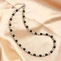 Silver and black beaded stainless steel necklace on elegant champagne satin fabric - Silver Black 6mm