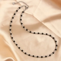 Silver and black stainless steel beaded necklace with heart charm on champagne satin - Silver Black 4mm