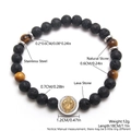 Brown tiger eye and black lava stone bead bracelet with a silver religious coin charm - Yellow Tiger Eye & Lava Stone Religious Pendant
