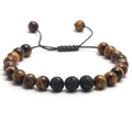 Adjustable tiger eye and lava stone beaded bracelet for men with woven cord on white background - Yellow and Lava Rock