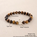 Detail view of 8mm tiger eye stone bracelet with size labels showing 18cm length and weight - Yellow Tiger Eye Beige Turquoise (NZ01-4)