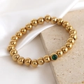 18K gold plated stainless steel bead bracelet with a round green gemstone accent - May
