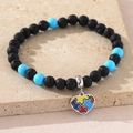 Elastic beaded bracelet with black lava stone and puzzle heart charm for autism awareness - 6mm / Lava Stone + Turquoise (Puzzle)