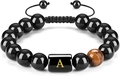 Tiger eye bead bracelet with golden letter A initial and adjustable woven cord - Letter A