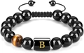 Adjustable tiger eye bead bracelet featuring a black letter B charm and braided cord - Letter B