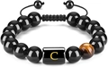 Tiger eye and black bead woven bracelet with gold letter C and adjustable cord - Letter C