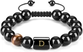 Adjustable tiger eye stone beaded bracelet with gold letter D on black onyx beads - Letter D