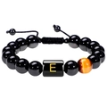 Pulsera ajustable de cuentas negras con letra E y piedra ojo de tigre natural - Letra E