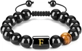 Pulsera de cuentas de ojo de tigre con dije letra F y cordón tejido ajustable - Letra F