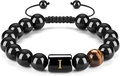Pulsera de ojo de tigre y cuentas negras con letra I dorada y cordón ajustable - Letra I
