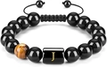 Pulsera ajustable de ojo de tigre con piedras negras y dije dorado de la letra J - Letra J