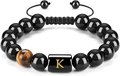 Pulsera de ojo de tigre con letra K y cordón trenzado negro ajustable - Letra K