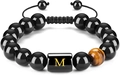 Pulsera ajustable de ojo de tigre con letra M dorada y cuentas de ónix negro brillante - M