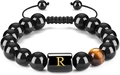 Pulsera de cuentas ojo de tigre con dije de letra R y cordón trenzado ajustable - Letra R