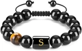 Pulsera de cuentas de ojo de tigre con letra S dorada y cordón negro ajustable - S