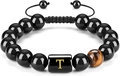 Pulsera ajustable de piedra ojo de tigre con la letra T en cordón trenzado negro - Letra T