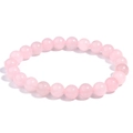 Detailansicht der polierten natürlichen rosa Rosenquarz-Kristallperlen auf elastischem Armband - Rosenquarz / 10mm