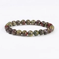 Natural Unakite stone beaded bracelet with green and pink patterns on a white background - Dragon Blood Stone