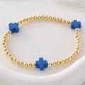 Pulsera de cuentas doradas con cruces azules y diseño elástico ajustable de moda - Cruz Azul Oscuro