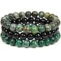 Three-piece set of 8mm natural green emperor stone and black agate beaded stretch bracelets - Imitation 8mm African Turquoise & Onyx & Green Spotted Stone
