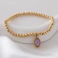 Gold beaded stretch bracelet featuring an oval pendant with a marbled purple natural stone - Light Purple(NAI10-1)