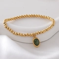 Gold beaded stretch bracelet with an oval green natural gemstone pendant for women - Dark Green(NAI10-2)