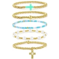 Detail of 5-piece stackable beaded bracelet set with gold cross charms and blue beads - NAL11-3 Style