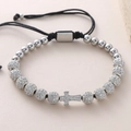 Pulsera de cuentas plateadas con cruz de circonitas y cordón negro ajustable elegante - Cruz con Circonia (NAL10-7) / 6+8mm / Plateado