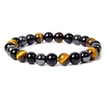 Natural tiger eye and black obsidian beaded bracelet with 8-10mm round stones - 9mm Bead Diameter (Approx. 22 Beads) / Tiger Eye Obsidian and Hematite