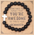 Detail of beaded volcanic stone bracelet with cross on a handmade kraft gift card - Lava Rock And Cross