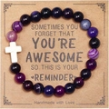 Handmade beaded bracelet with purple zebra jasper, black stones, and a white cross charm - Purple Striped Agate And Cross